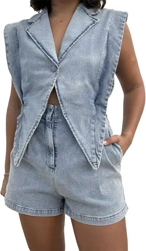Mandonce Denim Jumpsuit For Women Cap Sleeve V Neck Button Down Crop Split Elastic High Waist Jeans Shorts For Women Romper