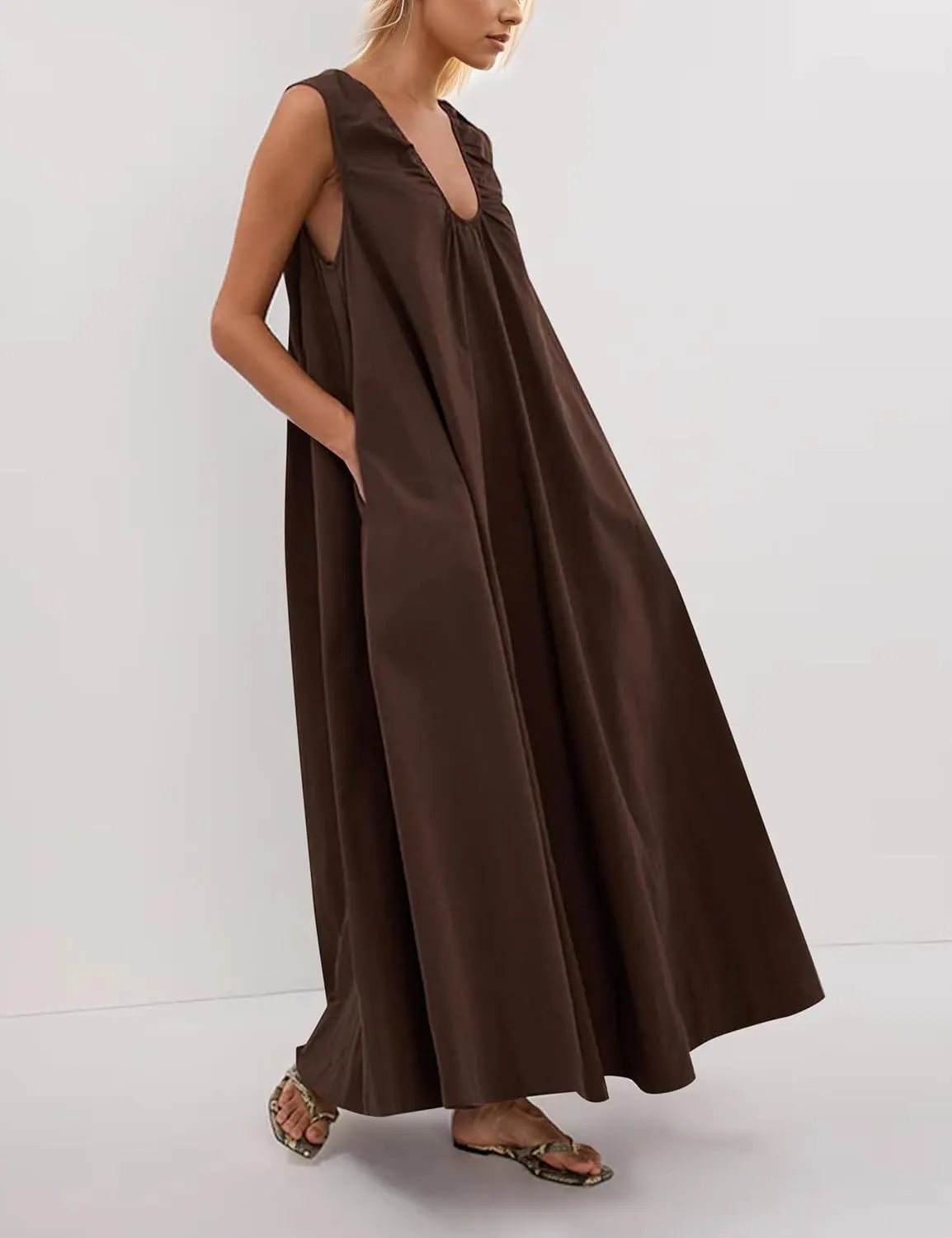Maxi Dress for Women Sleeveless Long Summer Sundresses Flowy Vacation Beach Cotton Dress with Pockets