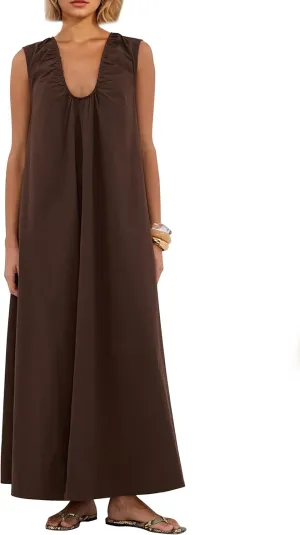 Maxi Dress for Women Sleeveless Long Summer Sundresses Flowy Vacation Beach Cotton Dress with Pockets