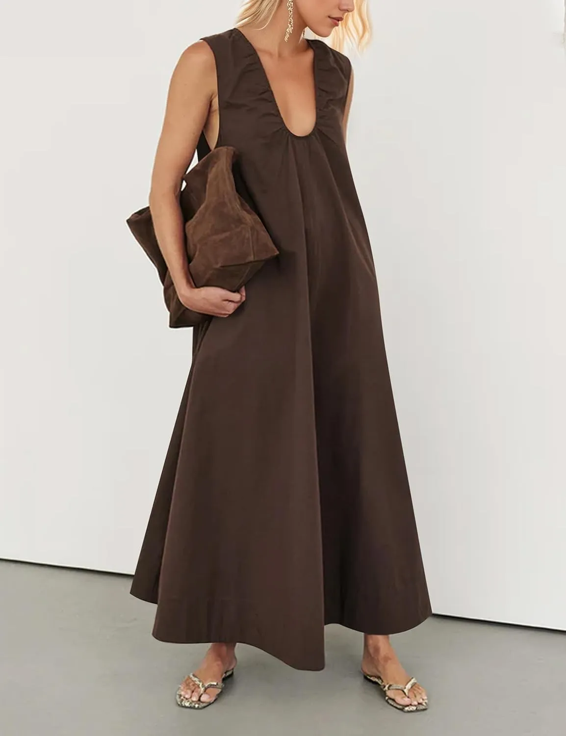 Maxi Dress for Women Sleeveless Long Summer Sundresses Flowy Vacation Beach Cotton Dress with Pockets