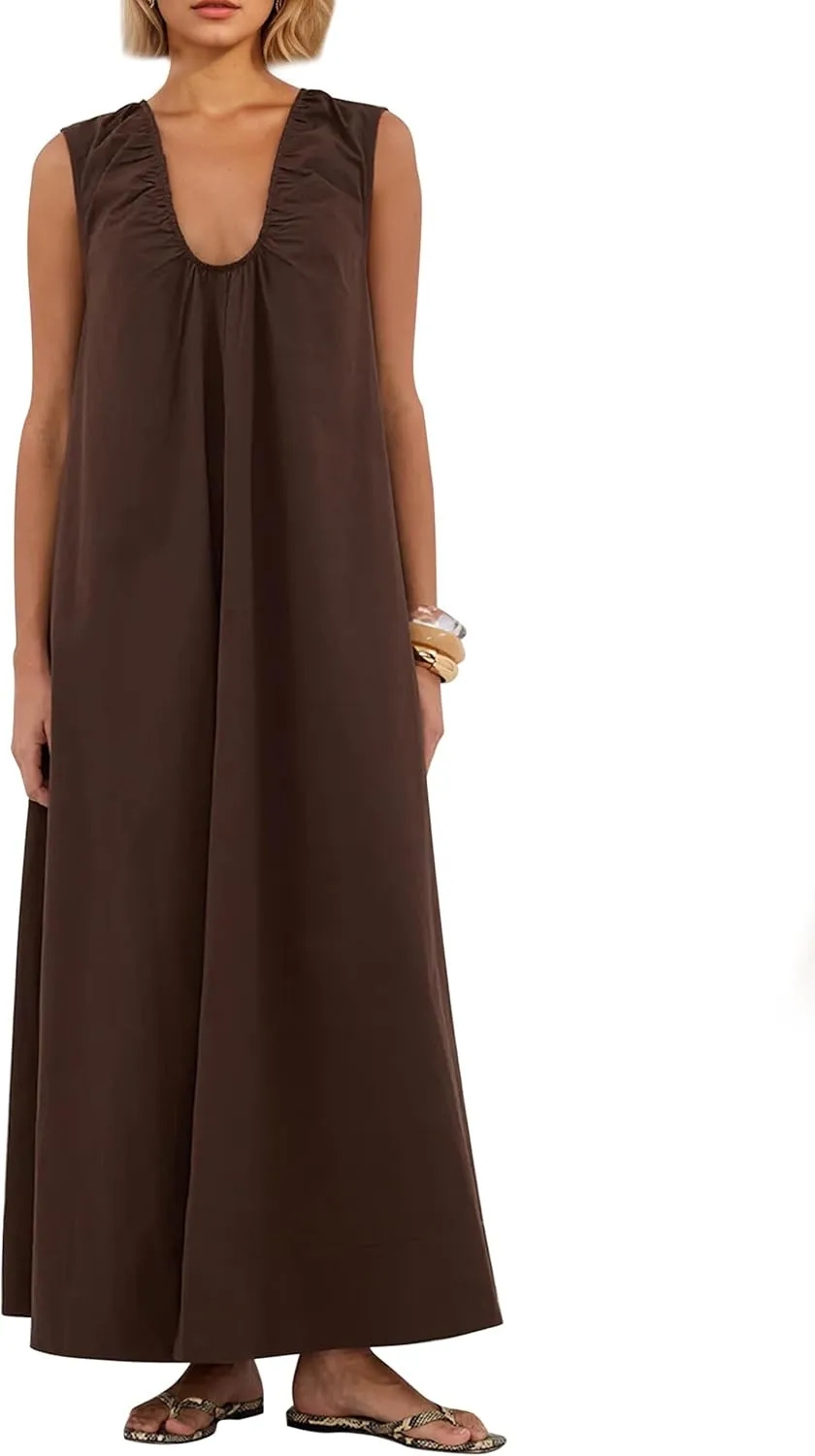 Maxi Dress for Women Sleeveless Long Summer Sundresses Flowy Vacation Beach Cotton Dress with Pockets