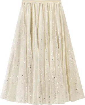 Maxi Skirts for Women Spring Summer Elastic Waist Casual Female Stars Mesh Pleated Long Skirt