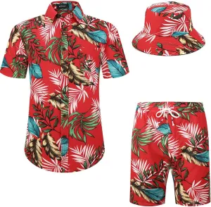 MCEDAR Men's Hawaiian Shirt and Short 2 Piece Vacation Outfits Sets Casual Button Down Beach Floral Suits with Bucket Hats
