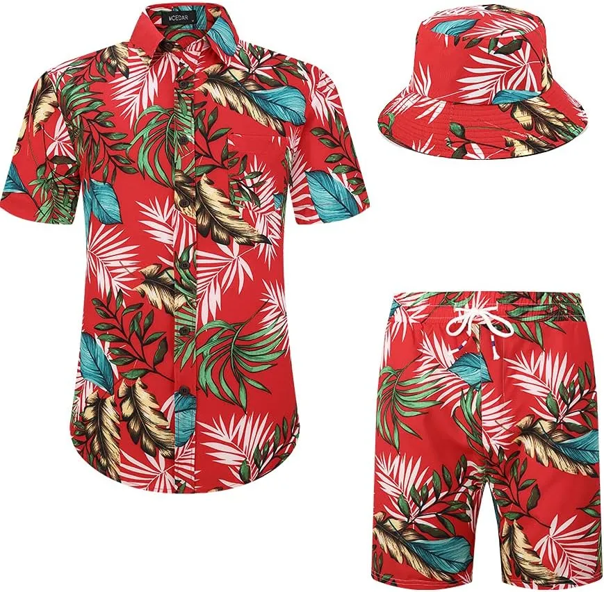 MCEDAR Men's Hawaiian Shirt and Short 2 Piece Vacation Outfits Sets Casual Button Down Beach Floral Suits with Bucket Hats