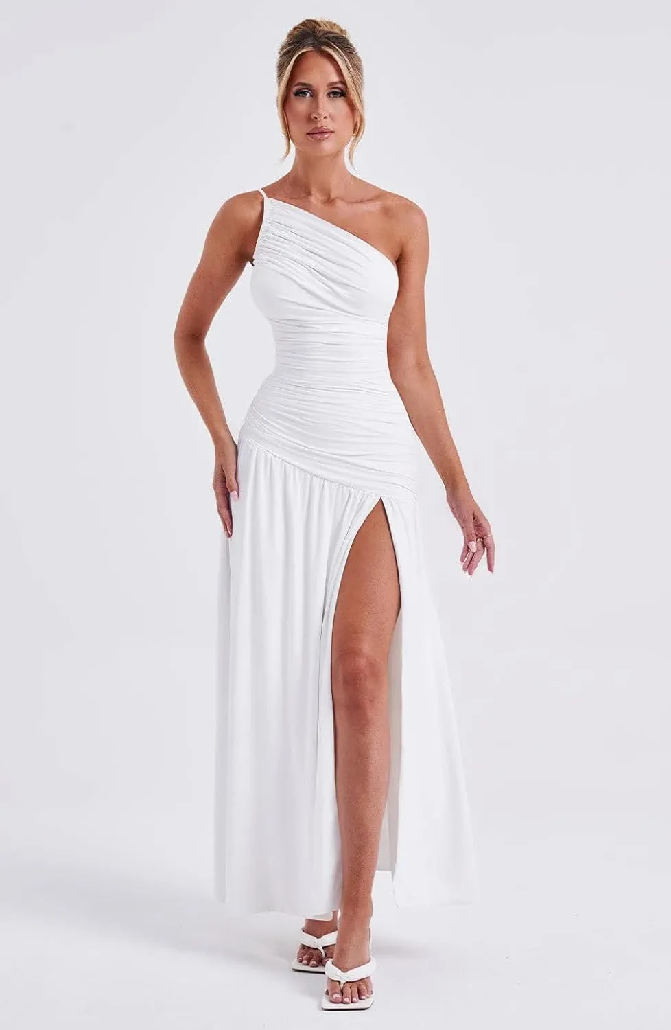 Memoriesea Women's Sexy One Shoulder High Split Ruched Cocktail Party Formal Maxi Dress