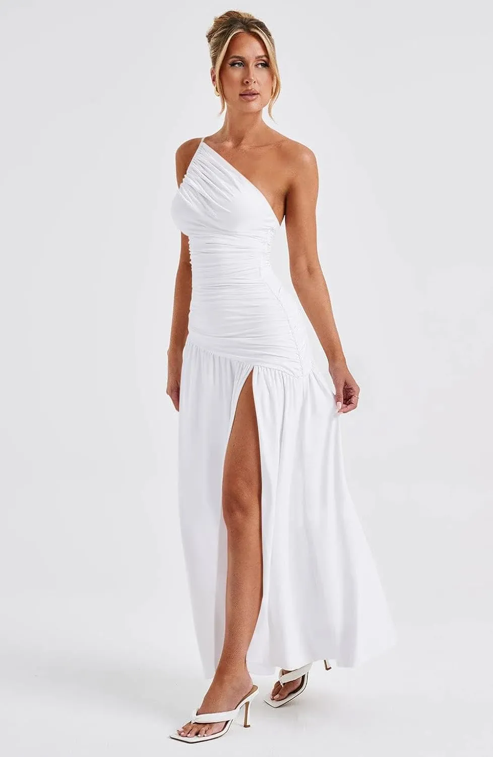 Memoriesea Women's Sexy One Shoulder High Split Ruched Cocktail Party Formal Maxi Dress