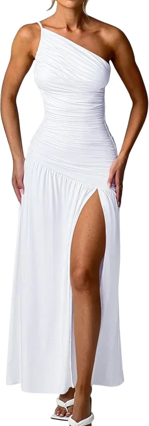 Memoriesea Women's Sexy One Shoulder High Split Ruched Cocktail Party Formal Maxi Dress