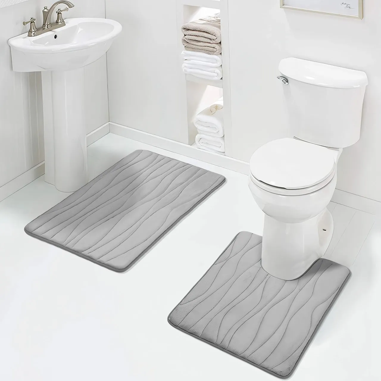 Memory Foam Bathroom Mat Set - 2 Piece Non-Slip Absorbent Shower Pads
