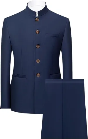 Men's 2 Pieces Chinese Tunic Suit Set Slim Fit Stand Collar Blazer Jacket Pants Suits Formal Wedding Dress