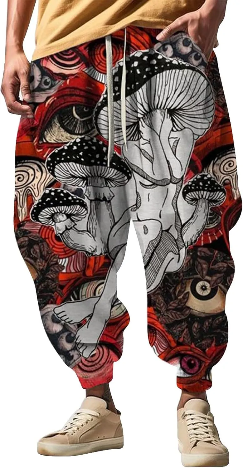 Mens All Over Print Hippie Harem Pants Hip Hop Yoga Drop Crotch Trousers Drawstring Baggy Loose Beach Aladdin Pants