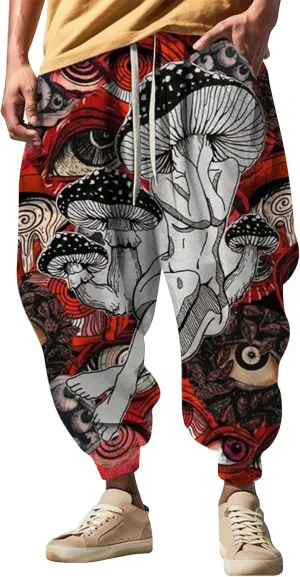 Mens All Over Print Hippie Harem Pants Hip Hop Yoga Drop Crotch Trousers Drawstring Baggy Loose Beach Aladdin Pants