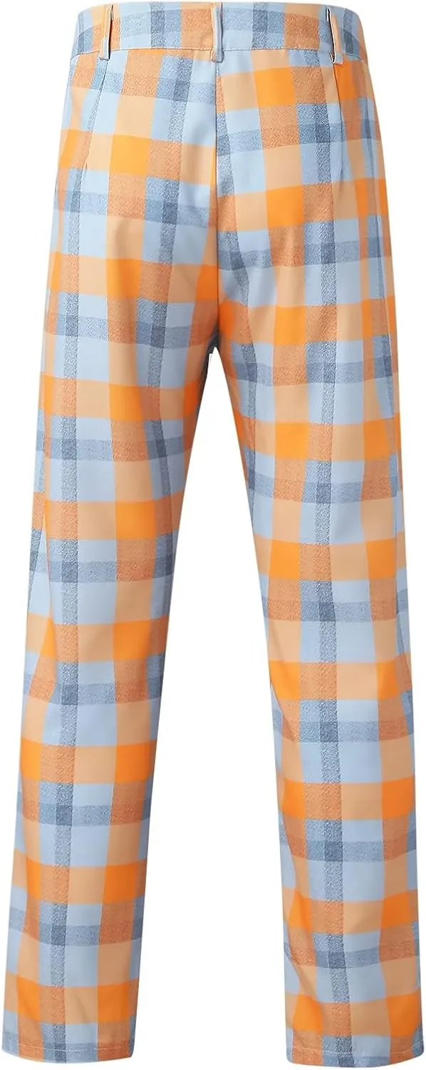 Mens Fashion Plaid Stretch Dress Pants Business Straight Leg Slim Fit Flat-Front Chino Pant Checkered Work Suit Pants