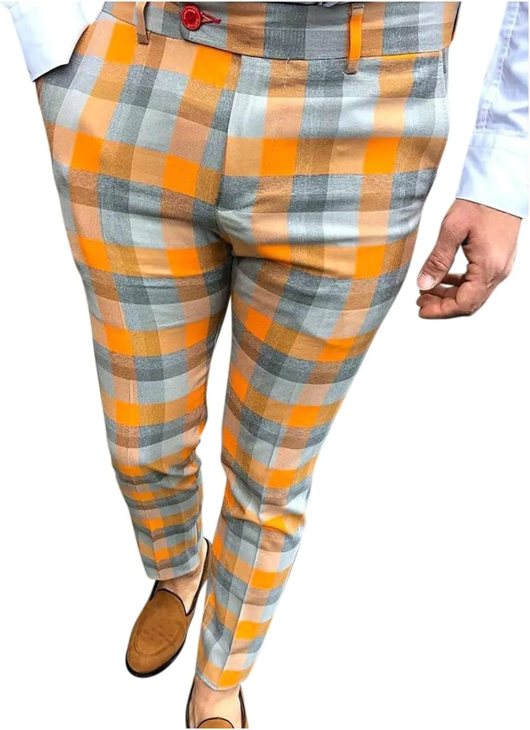 Mens Fashion Plaid Stretch Dress Pants Business Straight Leg Slim Fit Flat-Front Chino Pant Checkered Work Suit Pants