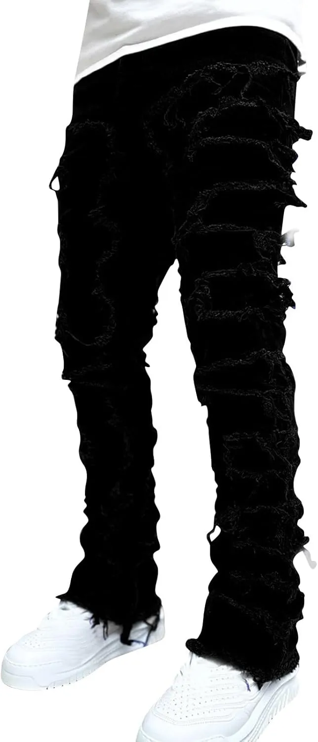 Men's Ripped Jeans Stylish Slim Fit Distressed Straight Leg Denim Pants Fall Casual Trousers Streetwear with Pockets