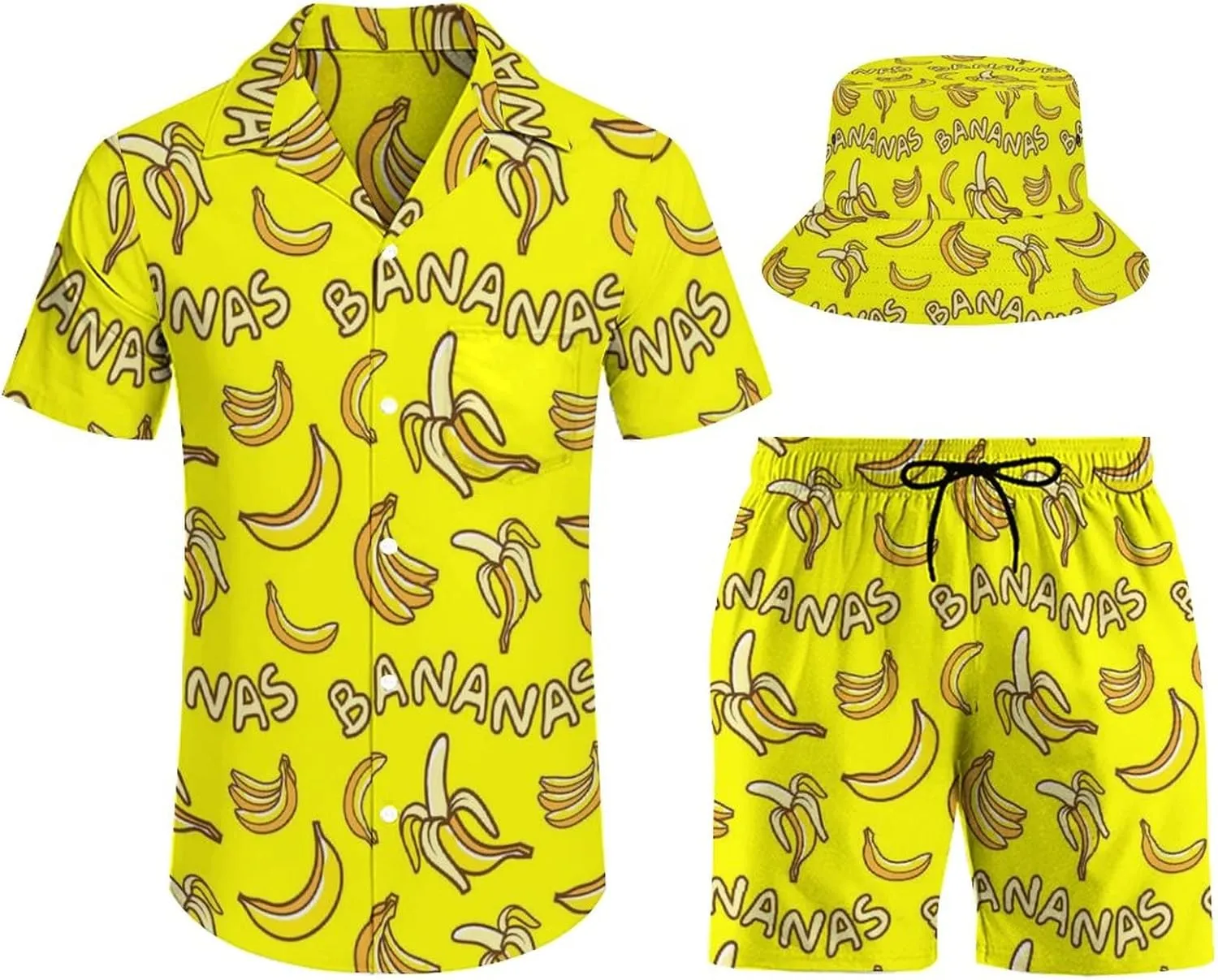 Men's Shirt Hawaiian Outfit Set Beach Shirt and Shorts with Bucket Hats 3 Piece Beach Tropical Hawaii Suits