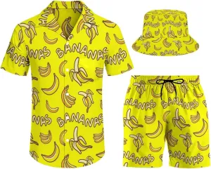 Men's Shirt Hawaiian Outfit Set Beach Shirt and Shorts with Bucket Hats 3 Piece Beach Tropical Hawaii Suits