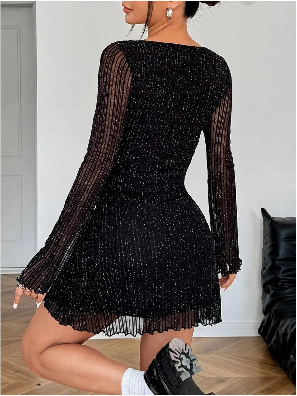 Milumia Women's Glitter Bell Long Sleeve Mesh Dress Lettuce Trim Sheer Mini Dresses