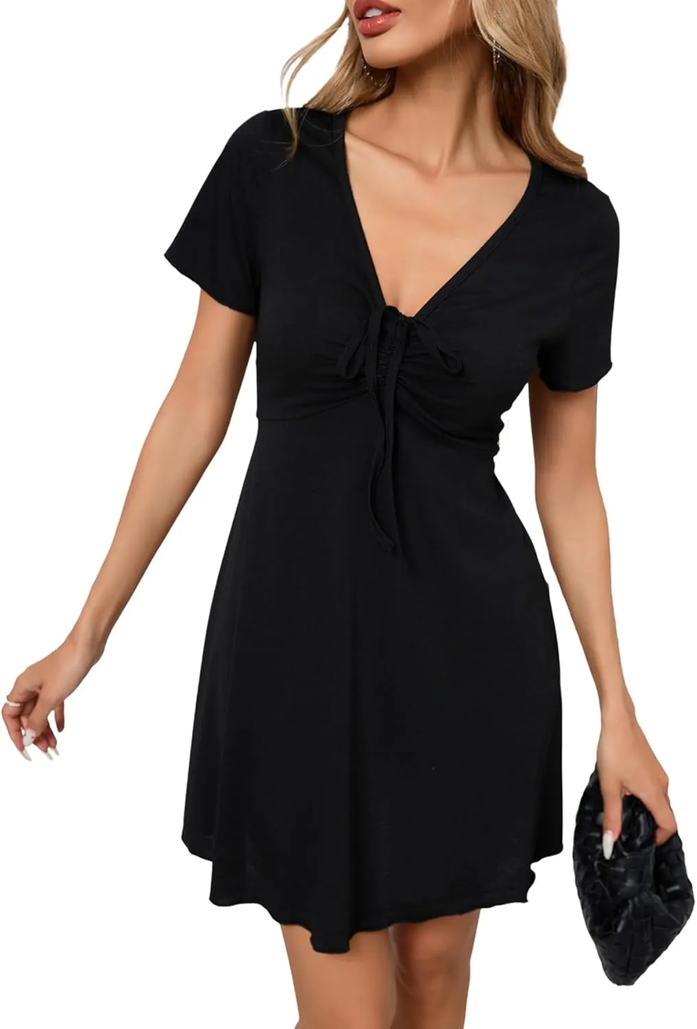 Milumia Women's Petite Knot Front V Neck Short Sleeve Flare Dress Ruched A Line Mini Dresses