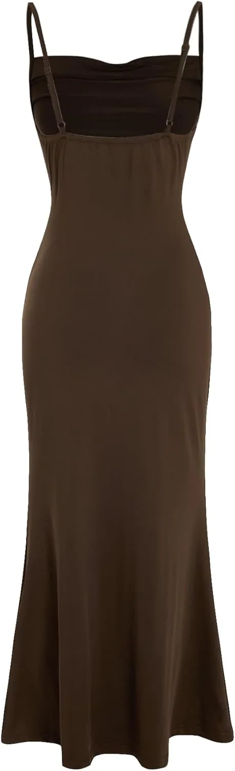 Milumia Women's Sexy Sleeveless Spaghetti Strap Ruched Maxi Slip Dress Long Bodycon Fishtail Dress