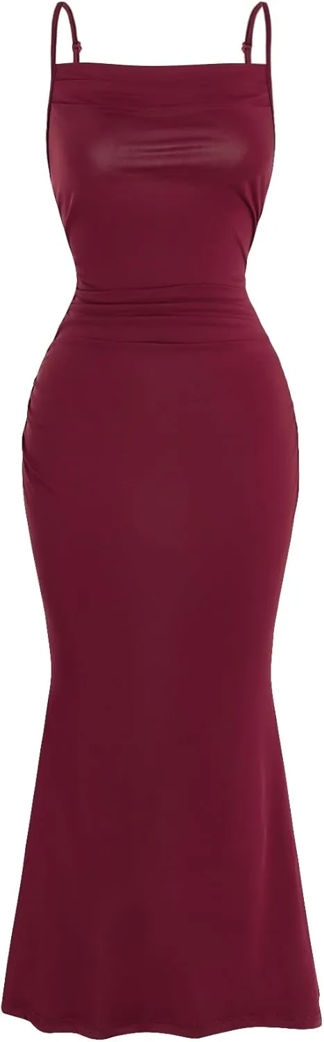 Milumia Women's Sexy Sleeveless Spaghetti Strap Ruched Maxi Slip Dress Long Bodycon Fishtail Dress
