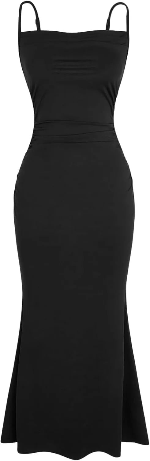 Milumia Women's Sexy Sleeveless Spaghetti Strap Ruched Maxi Slip Dress Long Bodycon Fishtail Dress