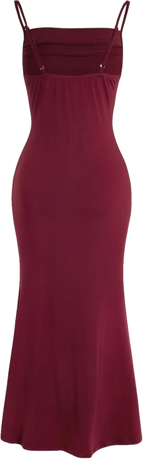 Milumia Women's Sexy Sleeveless Spaghetti Strap Ruched Maxi Slip Dress Long Bodycon Fishtail Dress