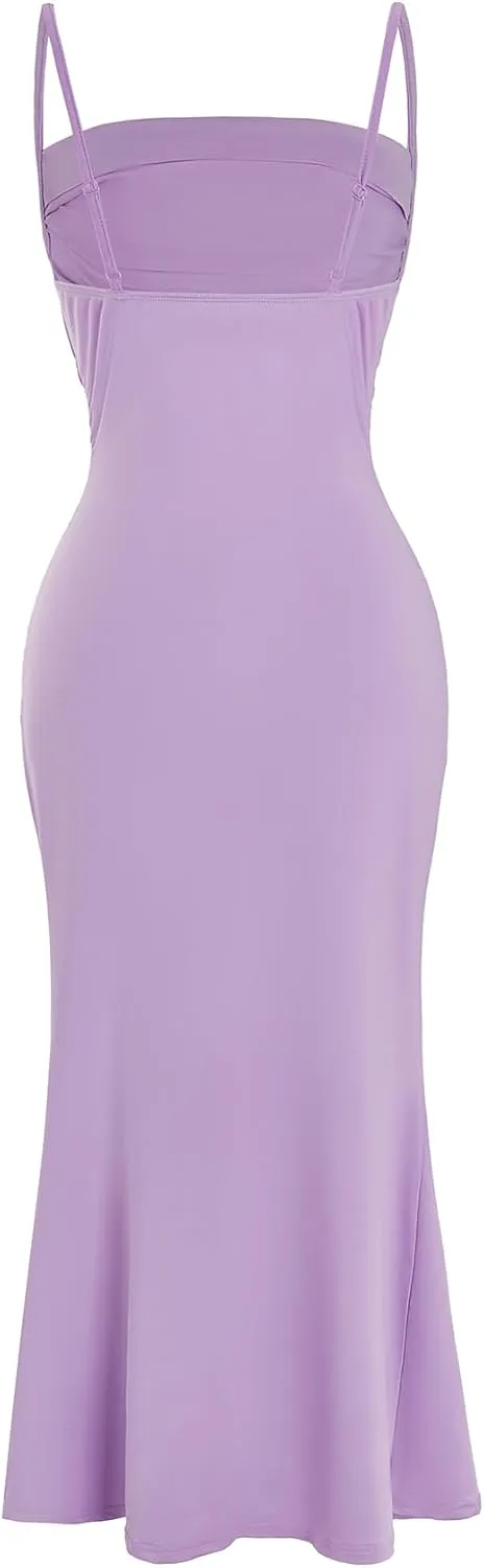 Milumia Women's Sexy Sleeveless Spaghetti Strap Ruched Maxi Slip Dress Long Bodycon Fishtail Dress