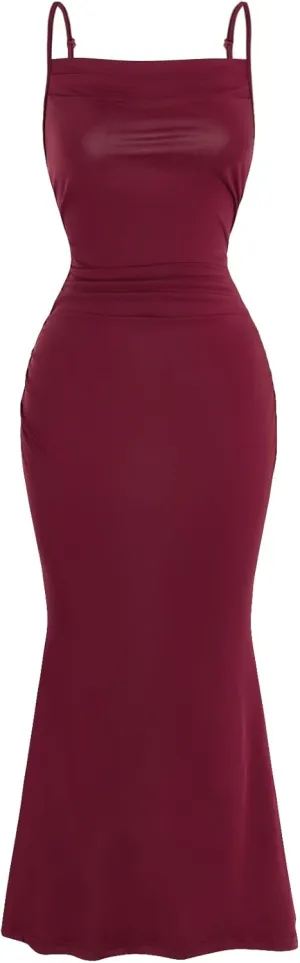 Milumia Women's Sexy Sleeveless Spaghetti Strap Ruched Maxi Slip Dress Long Bodycon Fishtail Dress