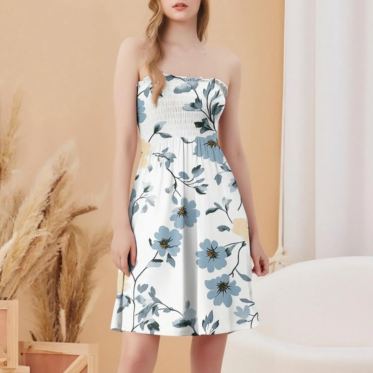 Mini Dresses for Womens Casual Summer Tanks Going Out Floral Print Sleeveless Loose Strapless/Tube Dress Plus Size
