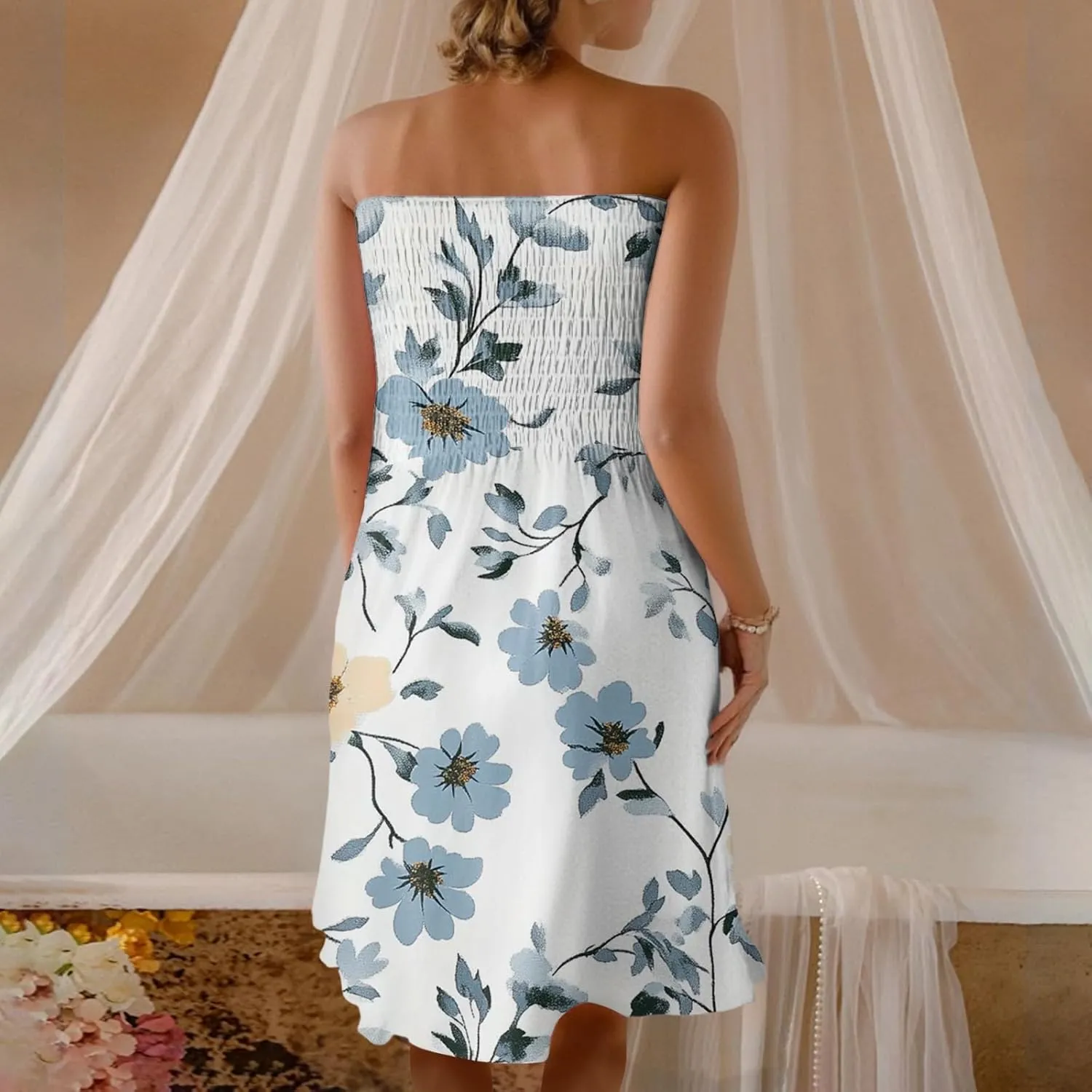 Mini Dresses for Womens Casual Summer Tanks Going Out Floral Print Sleeveless Loose Strapless/Tube Dress Plus Size