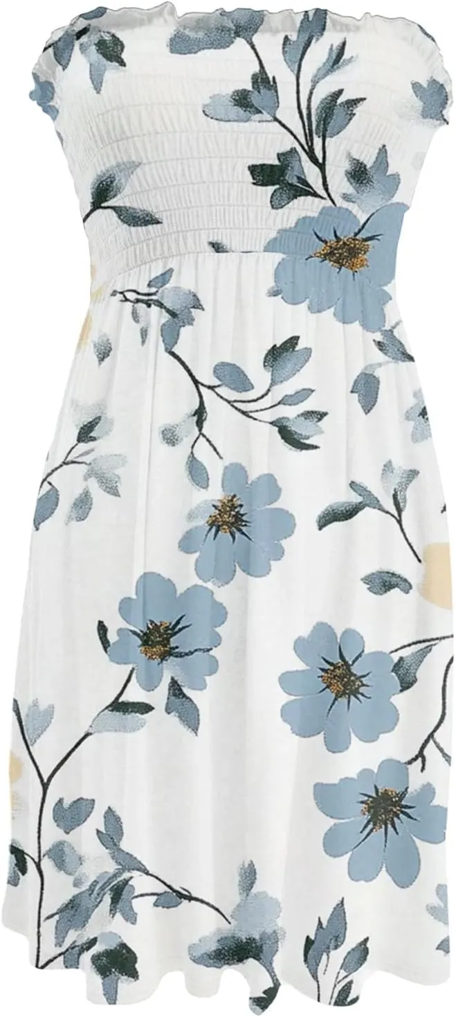 Mini Dresses for Womens Casual Summer Tanks Going Out Floral Print Sleeveless Loose Strapless/Tube Dress Plus Size