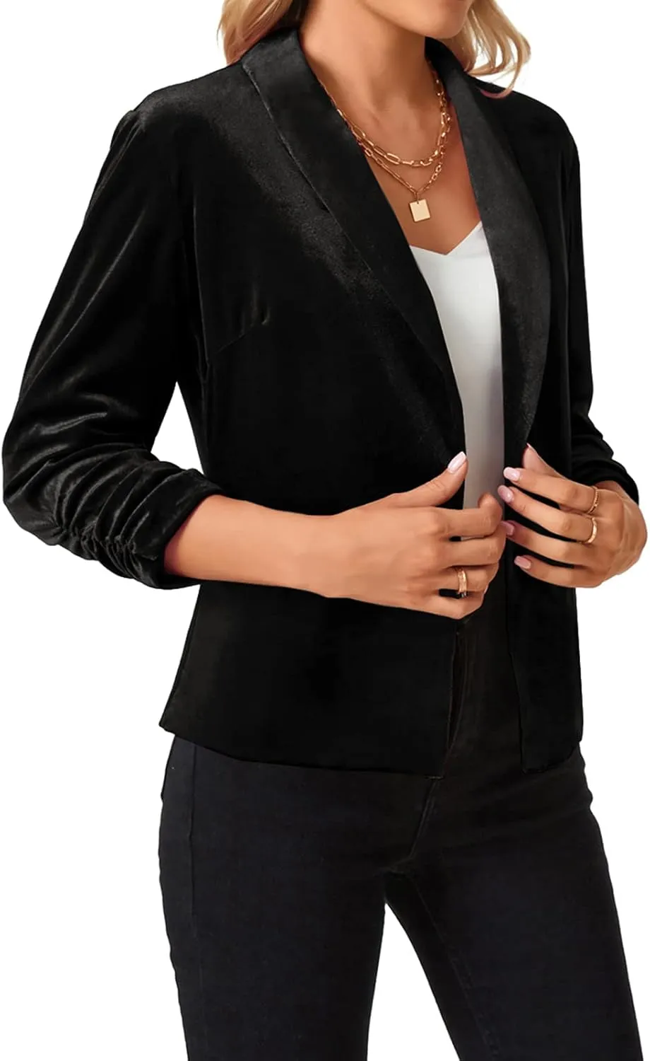 MINTLIMIT Women's Velvet Blazer 3/4 Ruched Sleeve Jacket Shawl Lapel Open Front Casual Blazers Jackets