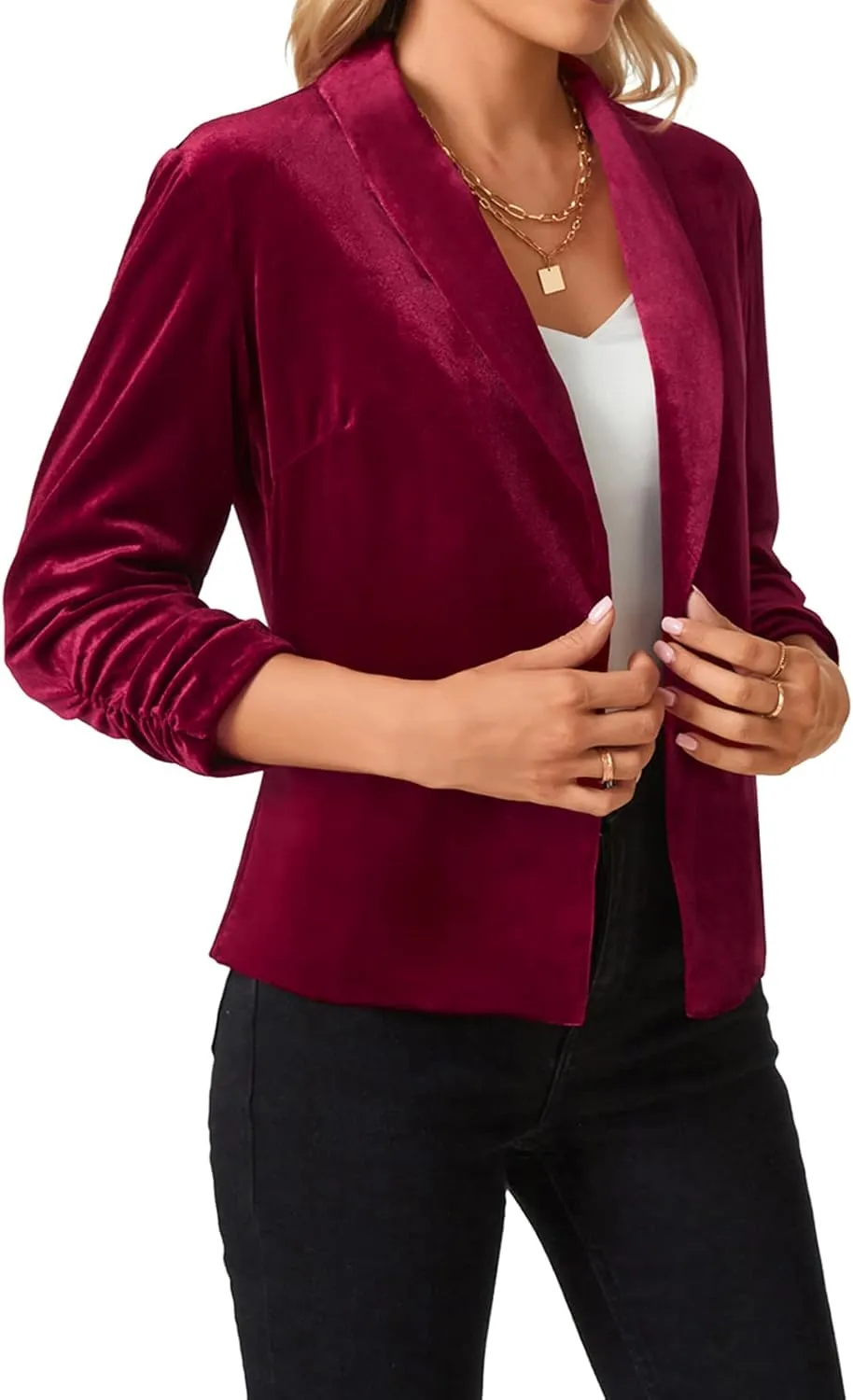MINTLIMIT Women's Velvet Blazer 3/4 Ruched Sleeve Jacket Shawl Lapel Open Front Casual Blazers Jackets