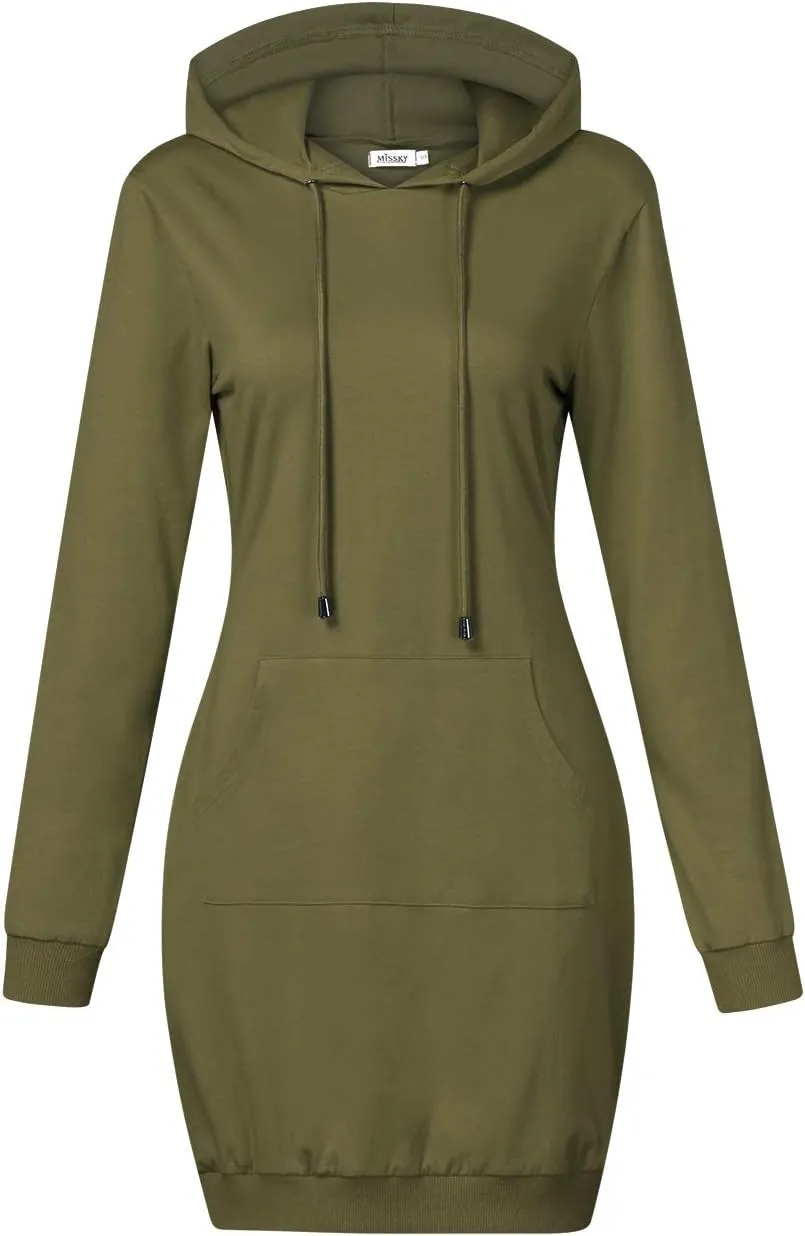 MISSKY Women's Pullover Hooded Kangaroo Pocket Sweatshirt Casual Hoodie Dress