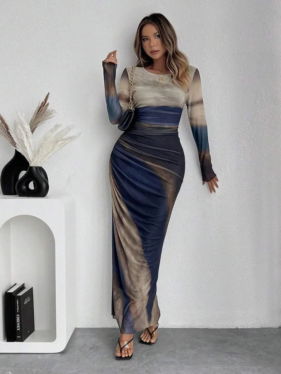 MOEENCN Women Sheer Mesh Maxi Dress Long Sleeve Bodycon Birthday Outfits Ruched Tie Dye Cocktail Club Party Dresses