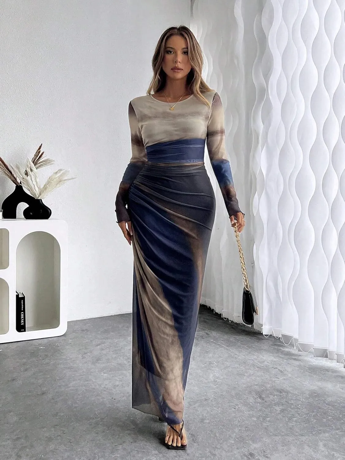 MOEENCN Women Sheer Mesh Maxi Dress Long Sleeve Bodycon Birthday Outfits Ruched Tie Dye Cocktail Club Party Dresses