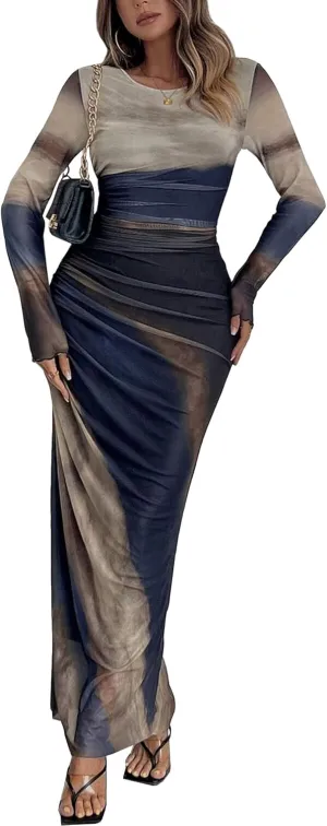 MOEENCN Women Sheer Mesh Maxi Dress Long Sleeve Bodycon Birthday Outfits Ruched Tie Dye Cocktail Club Party Dresses