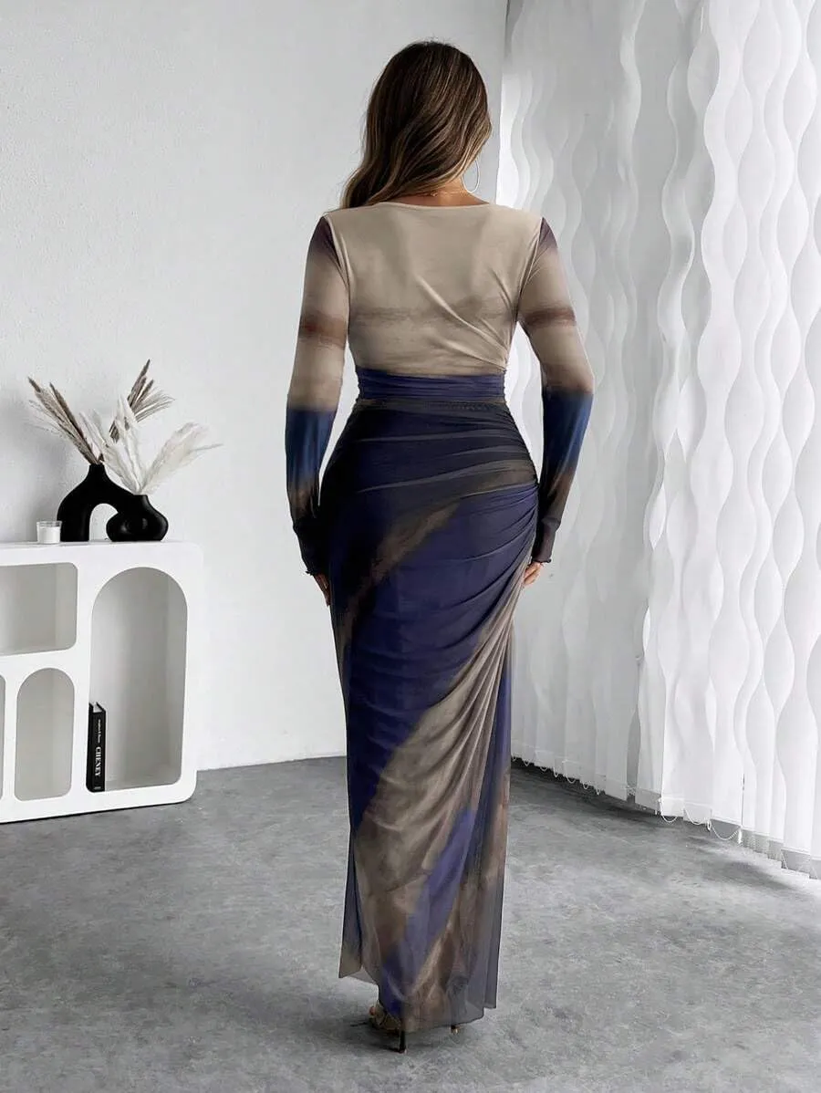 MOEENCN Women Sheer Mesh Maxi Dress Long Sleeve Bodycon Birthday Outfits Ruched Tie Dye Cocktail Club Party Dresses