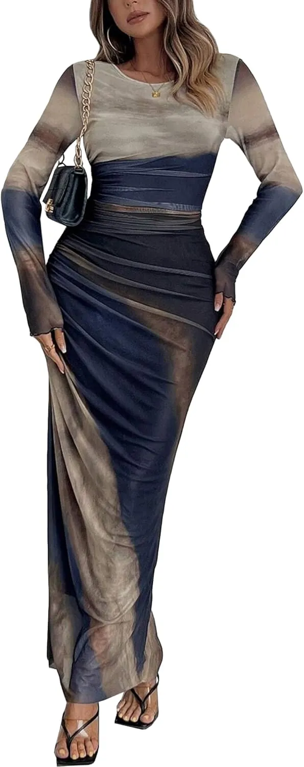 MOEENCN Women Sheer Mesh Maxi Dress Long Sleeve Bodycon Birthday Outfits Ruched Tie Dye Cocktail Club Party Dresses