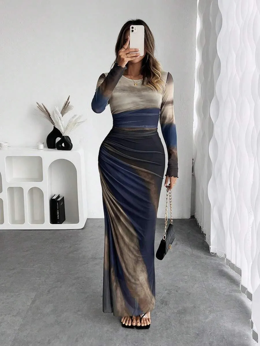 MOEENCN Women Sheer Mesh Maxi Dress Long Sleeve Bodycon Birthday Outfits Ruched Tie Dye Cocktail Club Party Dresses