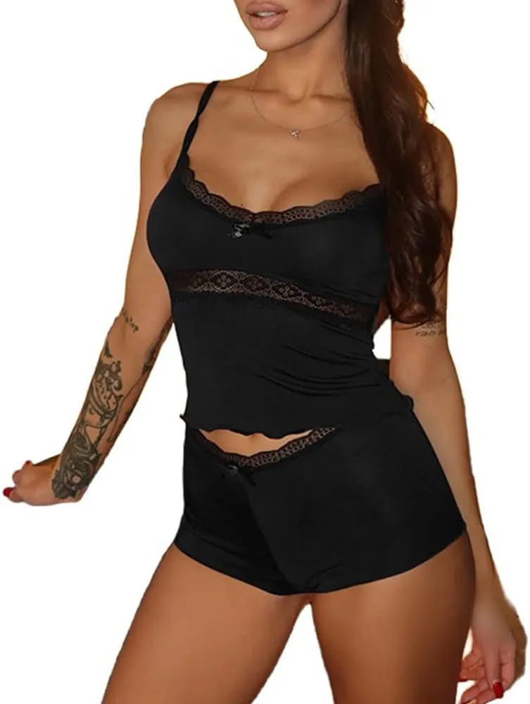 Molilove Women Sexy 2 Piece Pajama Set Lace Trim Sleeveless Cut Out Cami Top High Waist Shorts Workout Set Loungewear
