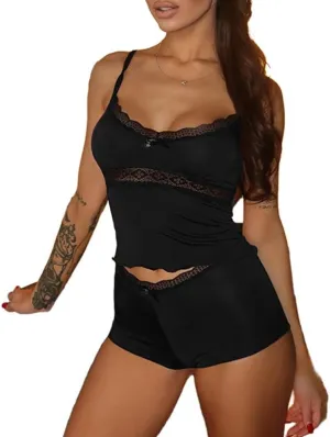 Molilove Women Sexy 2 Piece Pajama Set Lace Trim Sleeveless Cut Out Cami Top High Waist Shorts Workout Set Loungewear