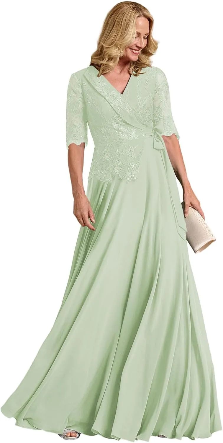 Mother of The Bride Dress Lace Appliques Long Sleeve Formal Evening Gowns Chiffon Long Formal Dress