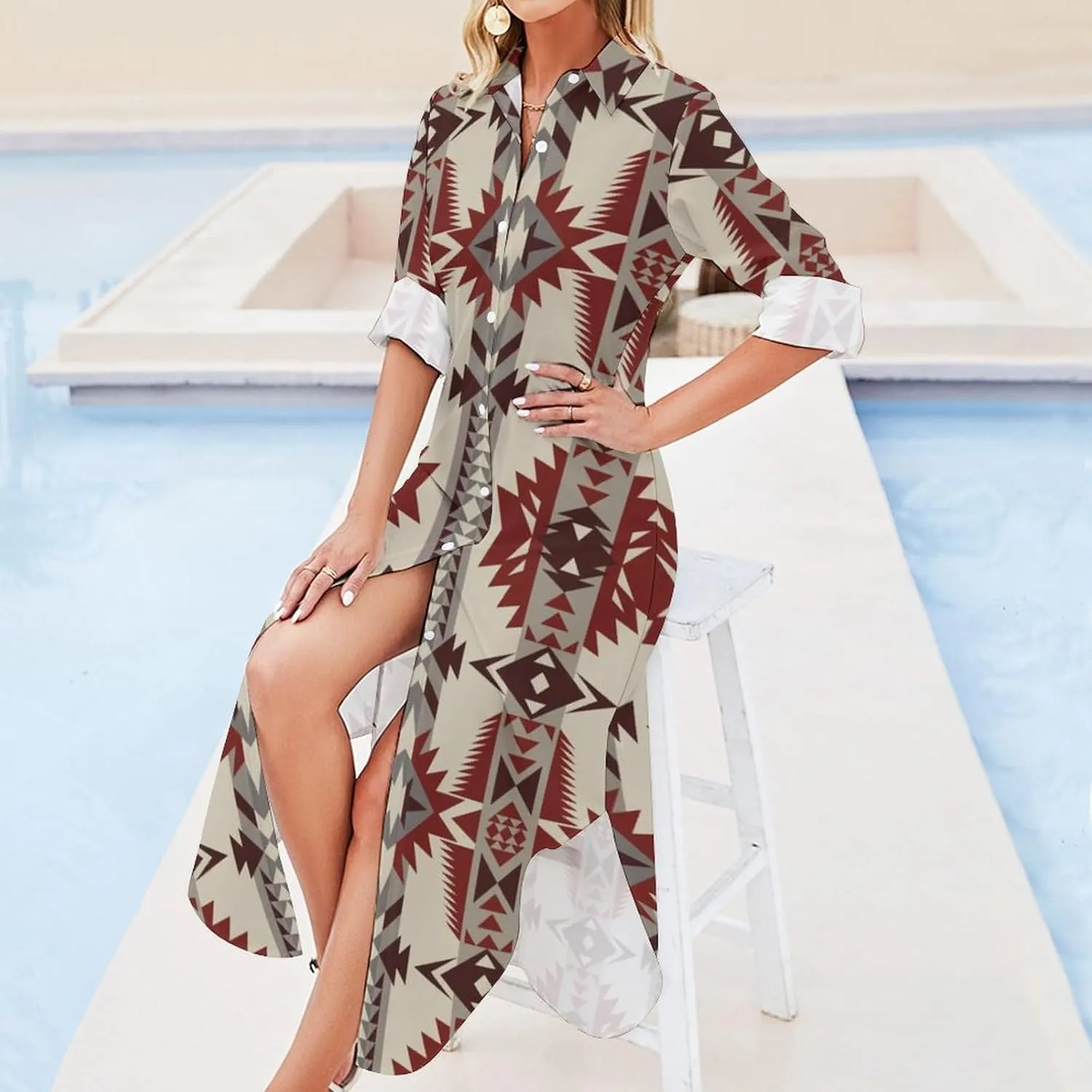 Native Southwest American Indian Shirt Dresses for Women Elegant Button Down Front Long Sleeve Maxi Dress