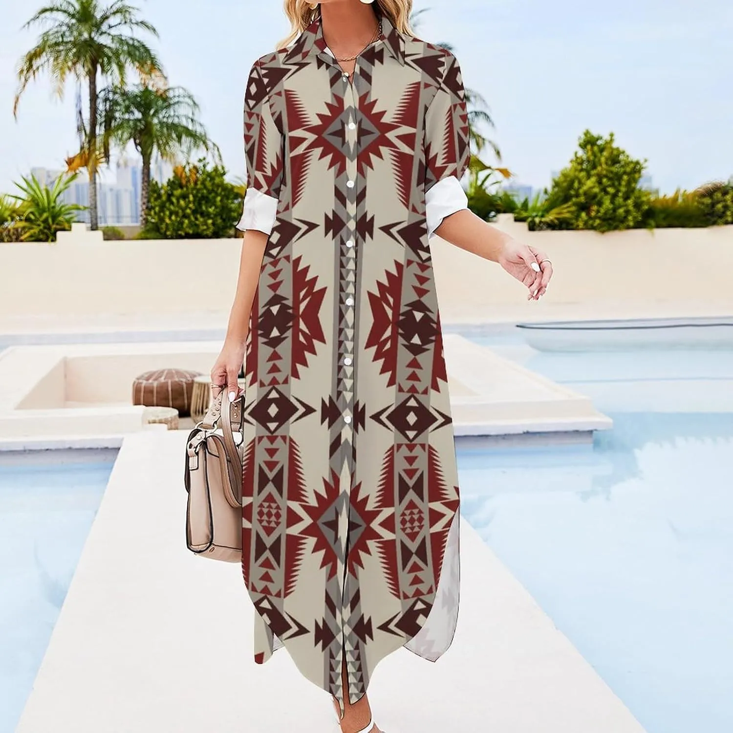 Native Southwest American Indian Shirt Dresses for Women Elegant Button Down Front Long Sleeve Maxi Dress