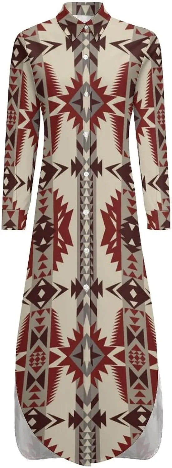 Native Southwest American Indian Shirt Dresses for Women Elegant Button Down Front Long Sleeve Maxi Dress