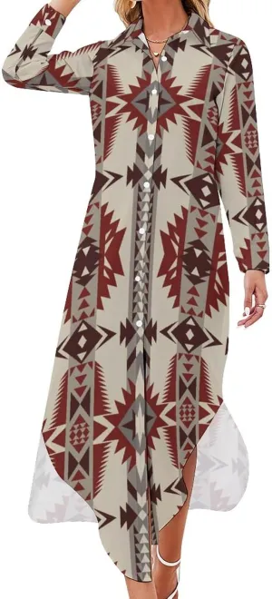 Native Southwest American Indian Shirt Dresses for Women Elegant Button Down Front Long Sleeve Maxi Dress