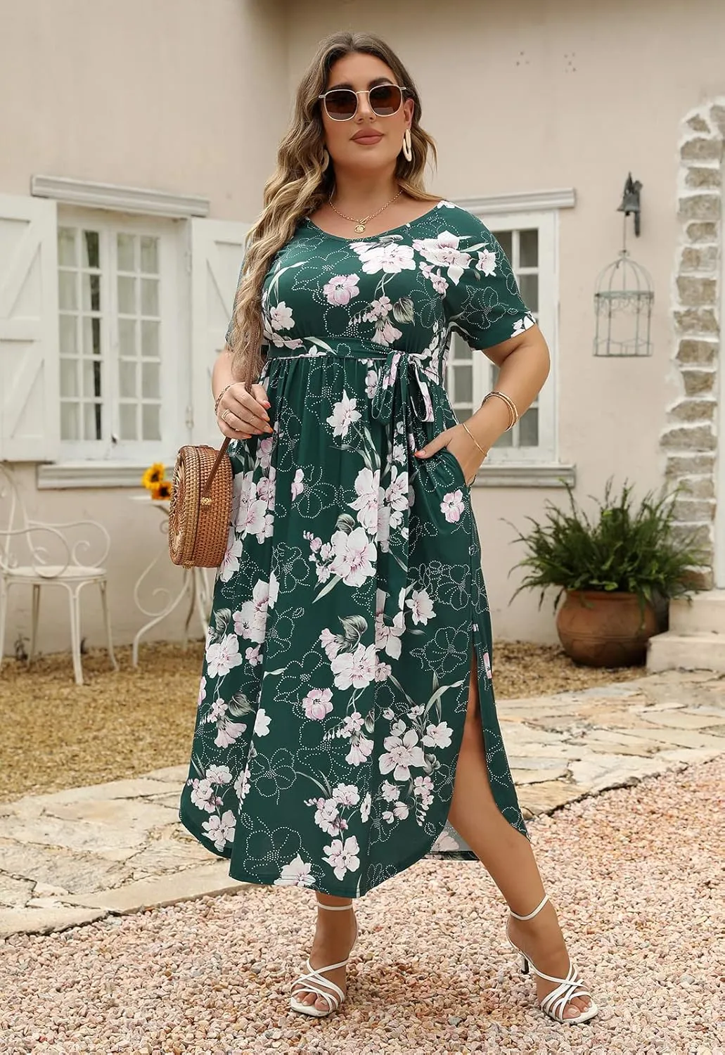 Nemidor Womens Casual Plus Size Tie Waist Slit Long Maxi Dress with Pockets NEM313
