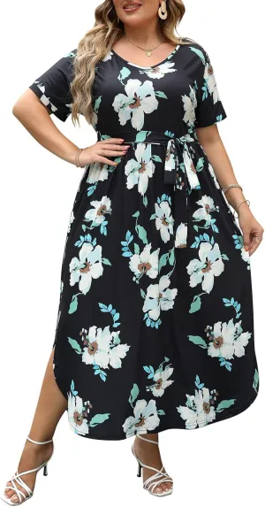 Nemidor Womens Casual Plus Size Tie Waist Slit Long Maxi Dress with Pockets NEM313