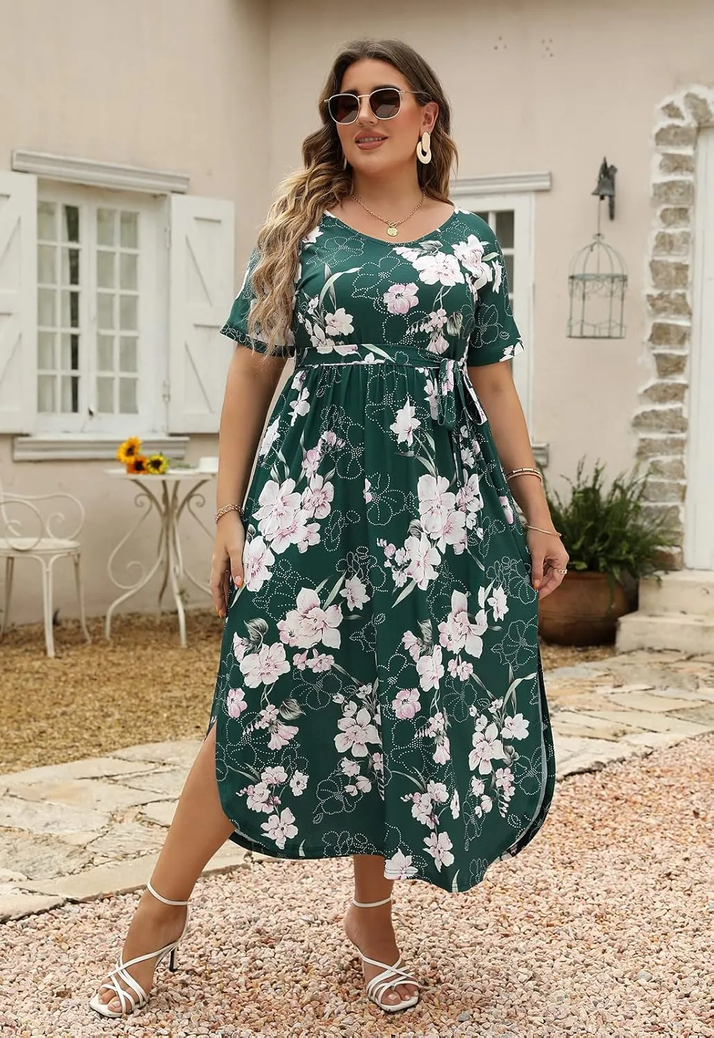 Nemidor Womens Casual Plus Size Tie Waist Slit Long Maxi Dress with Pockets NEM313
